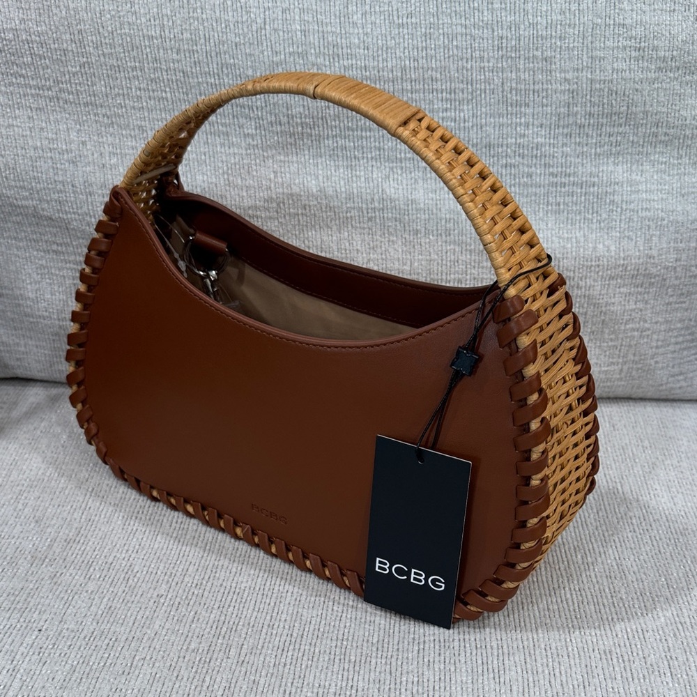 BCBG Two-Tone Brown Woven-Trim Shoulder Bag